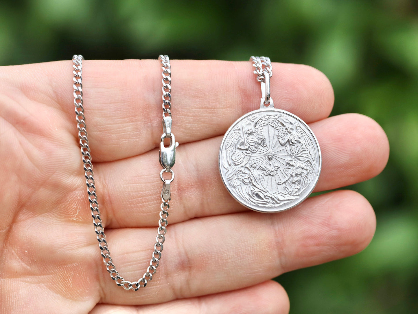 Unique Round Sterling Silver Pendant with Angel Guardian - Detailed Artistic Presentation of 3 Archangels