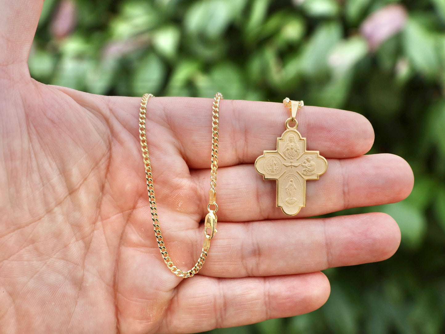 Cruz de 4 vías de plata de ley, cruz chapada en oro de 18 kt, cruz con santos devocionales, cruz escapulario, cruz medalla milagrosa