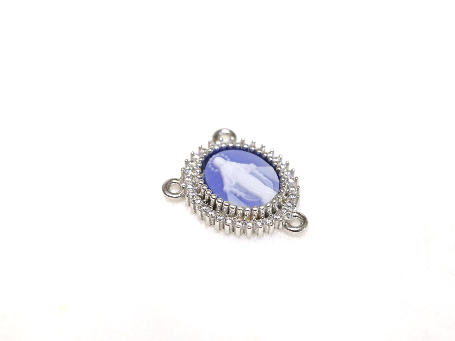Pieza central del rosario de cameo Medalla Milagrosa de plata de primera ley, Medalla del rosario de ágata azul de Nuestra Señora con circonita cúbica, Medalla del rosario de la Virgen María