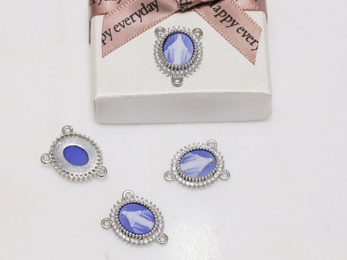 Pieza central del rosario de cameo Medalla Milagrosa de plata de primera ley, Medalla del rosario de ágata azul de Nuestra Señora con circonita cúbica, Medalla del rosario de la Virgen María