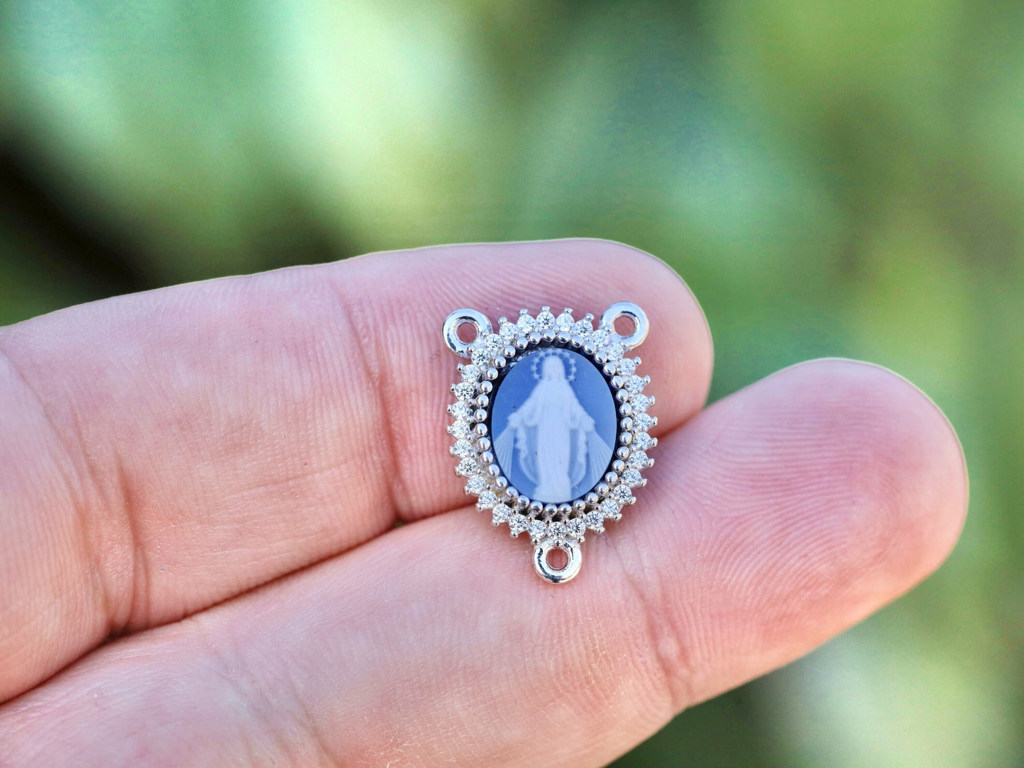 Pieza central del rosario de cameo Medalla Milagrosa de plata de primera ley, Medalla del rosario de ágata azul de Nuestra Señora con circonita cúbica, Medalla del rosario de la Virgen María