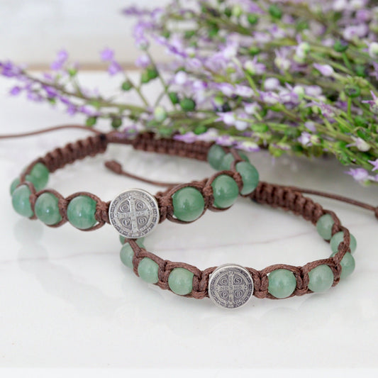 Saint Benedict sterling silver 925 rosary beads bracelet, green aventurine rosary bracelet ,unisex adjustable size catholic saint bracelet