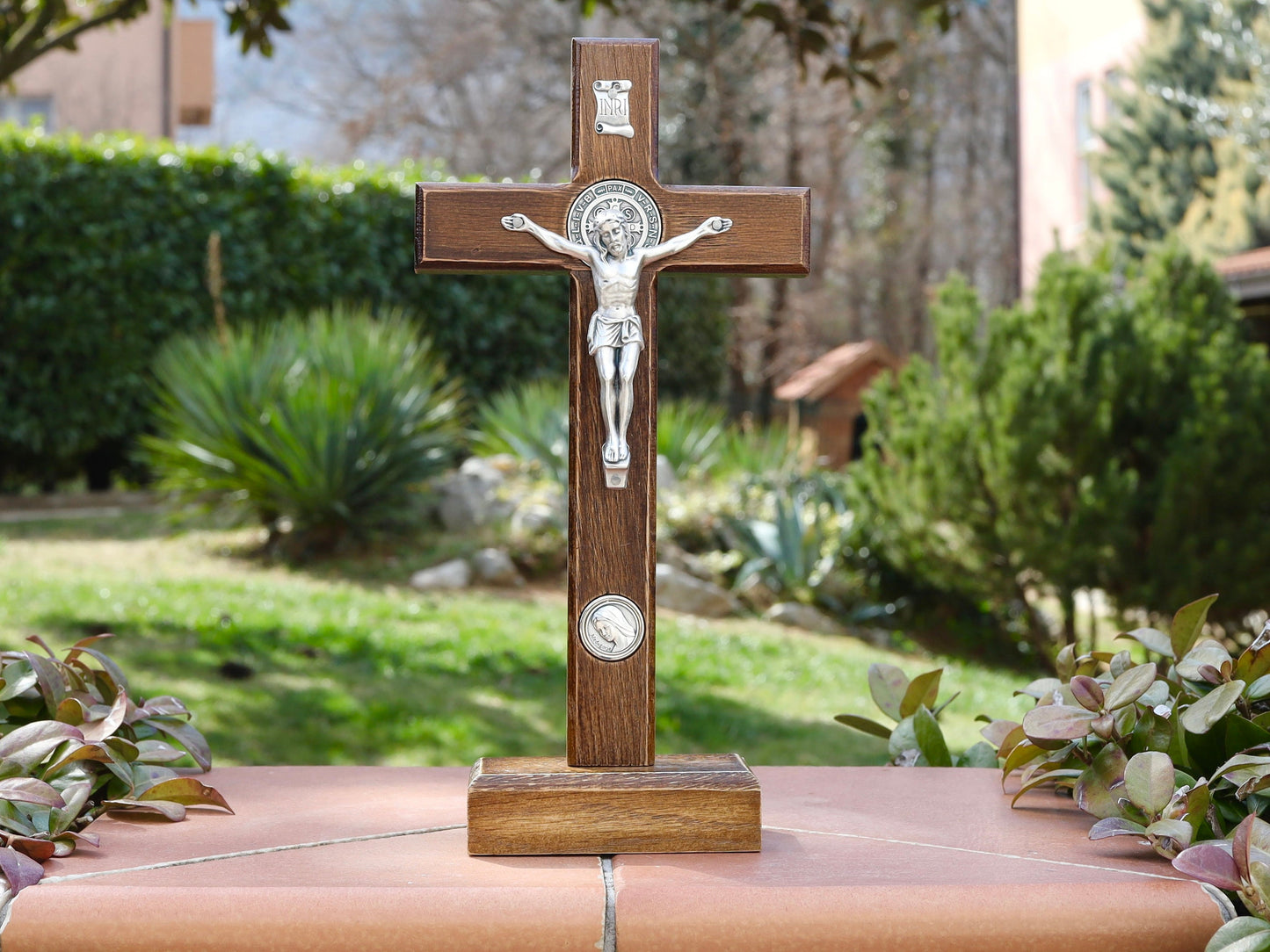 Saint Benedict crucifix for home, St Benedict handmade wall crucifix, crucifix with stand, home altar crucifix, wooden cross for protection