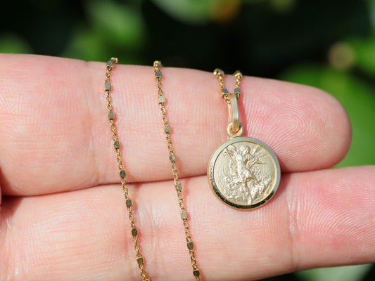 Small St Michael medal,miniature 18 k gold plated over sterling silver 925 medal,dainty pendant for teenage kids, 13 mm St Michael charm