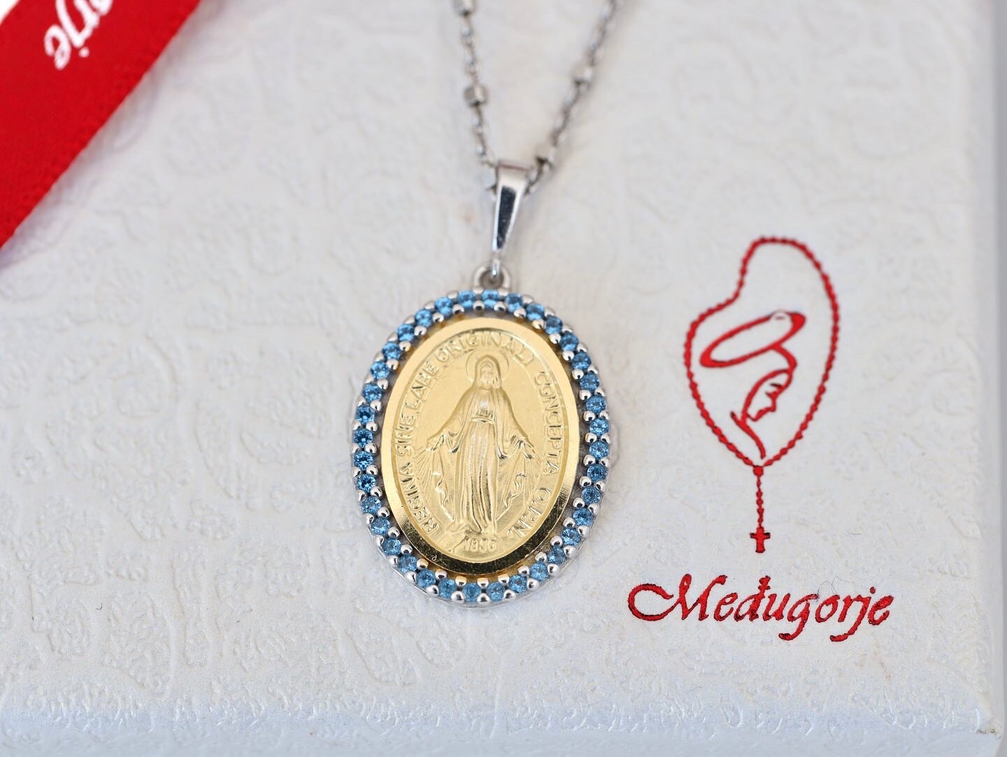 Miraculous medal, 18k gold plated sterling silver 925, oval medal with blue cubic zirconium, fine details Our Lady of Grace medal in Latin