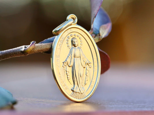 Sterling silver 925 Miraculous Medal with 18 kt gold plating, 28 mm gold over sterling silver Our Lady of Grace 18 inch necklace