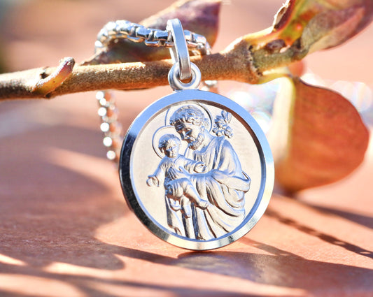 St Joseph medal for man, sterling 925 silver medal, St Joseph necklace, protector of family, round medal for husband, protector of USA medal