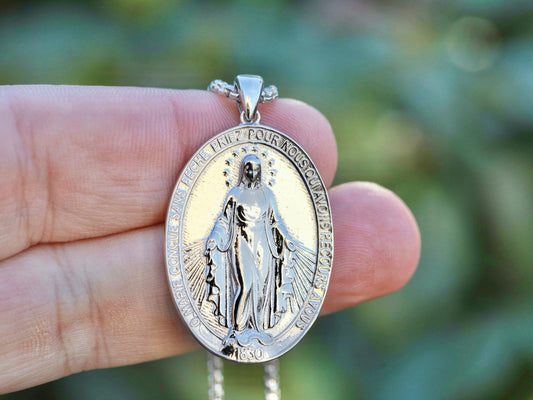 Large silver Miraculous Medal for man, French Miraculous Medal, sterling silver Miraculous medal, original design Miraculous Medal