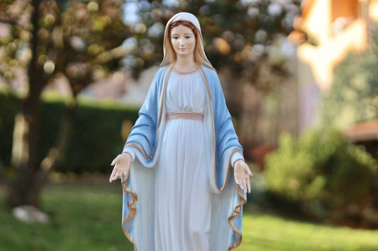 Our Lady of Grace 20 inch statue, casted Marble powder indoor outdoor statue,Virgin Mary garden statue, blue Medjugorje marble powder statue