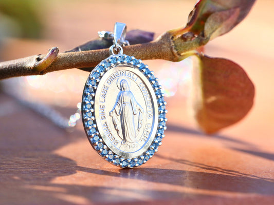 Miraculous Medal pendant, sterling silver 925, medal for catholic women, Our Lady of Grace pendant, blue zirconium Miraculous Medal