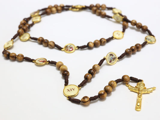 Handmade Wood Station of Cross Rosary with Walnut Beads and Gold-Plated Stations