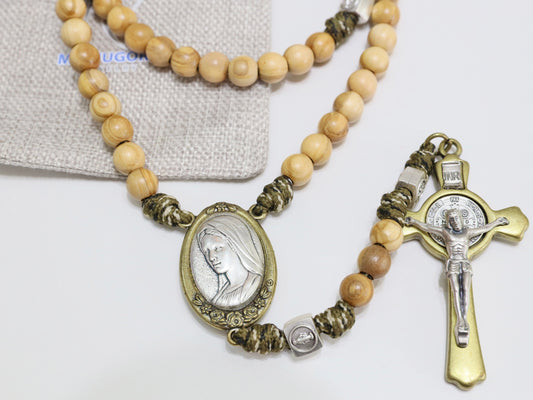 Handcrafted Large Olive Wood Parcord Rosary with St. Benedict Crucifix and Divine Mercy Medal And Queen of Peace medal,