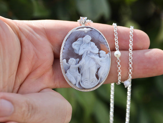 Our Lady Undoer of Knots cameo, handmade cameo of Virgin Mary that Undoes the Knot’s, shell hand carved cameo,silver Italian genuine cameo