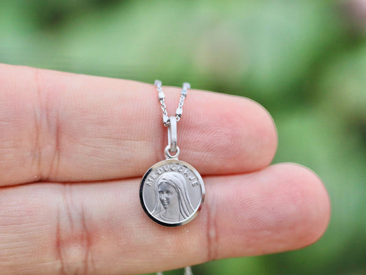 Our Lady of Medjugorje round pendant, sterling silver 925 Queen of Peace medal, minted medal of Our Lady