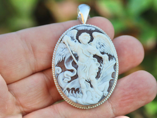 St Michael medal, Handmade cameo of Saint Michael, Cameo Made of Shell, Sterling silver cameo, Cameo pendant, Catholic medal, gift for women