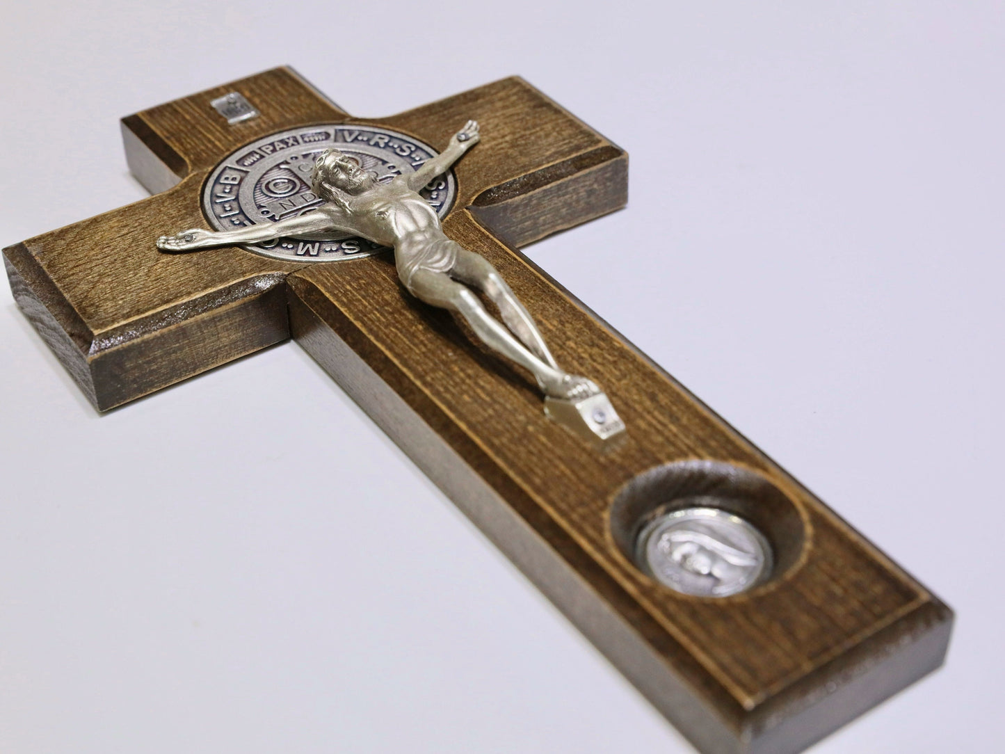 Unique Handcrafted Wooden Crucifix - Ideal Gift for House Moving, New Beginnings - St. Benedict and Virgin Mary Medals