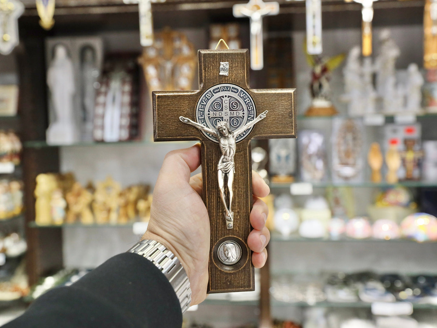 Unique Handcrafted Wooden Crucifix - Ideal Gift for House Moving, New Beginnings - St. Benedict and Virgin Mary Medals