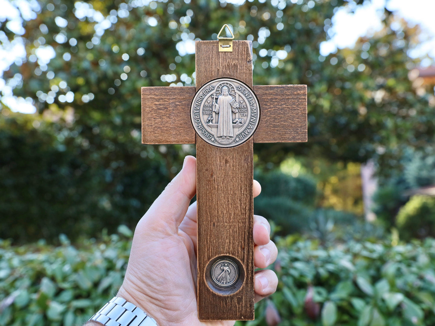 Unique Handcrafted Wooden Crucifix - Ideal Gift for House Moving, New Beginnings - St. Benedict and Virgin Mary Medals