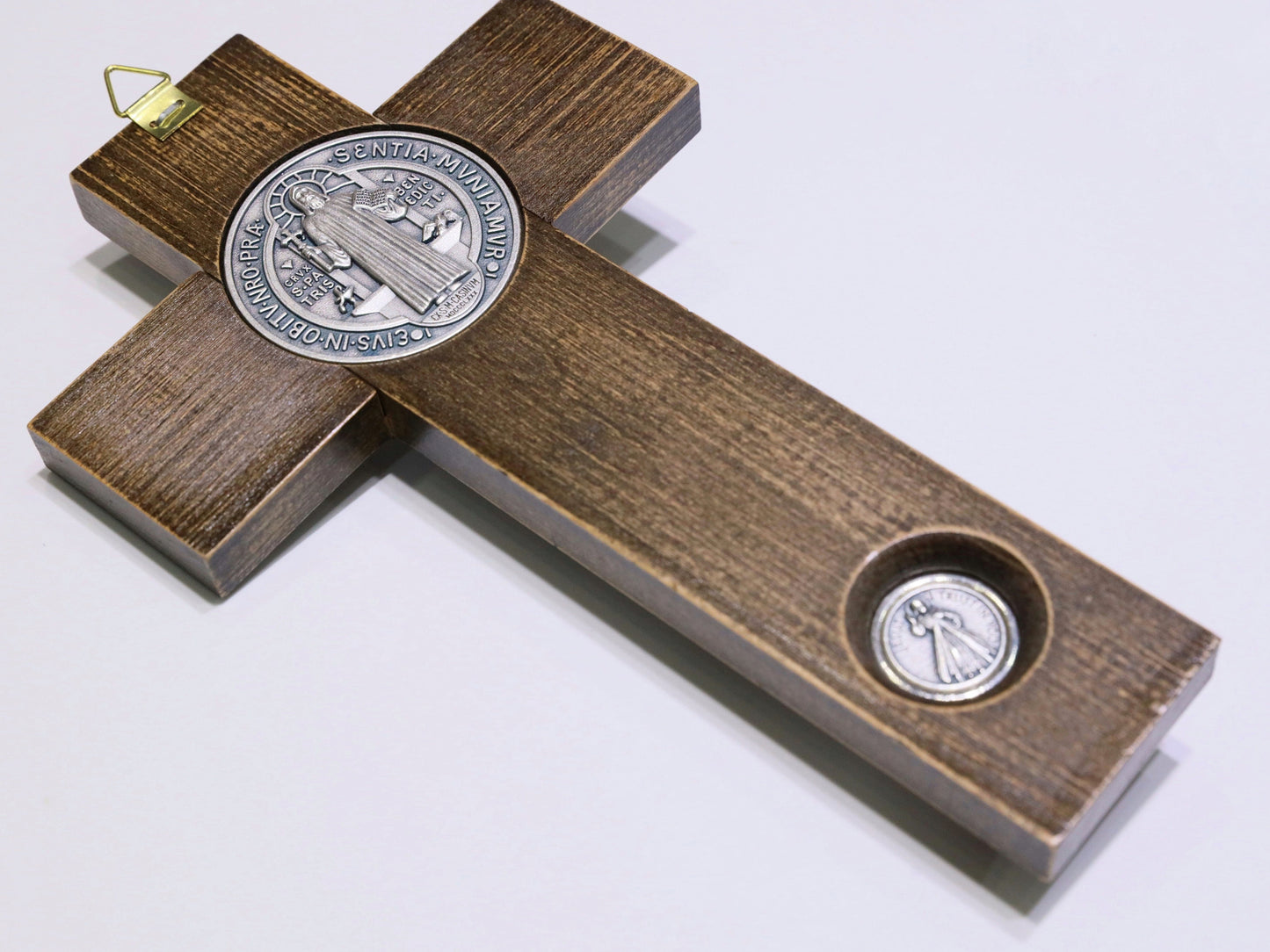 Unique Handcrafted Wooden Crucifix - Ideal Gift for House Moving, New Beginnings - St. Benedict and Virgin Mary Medals