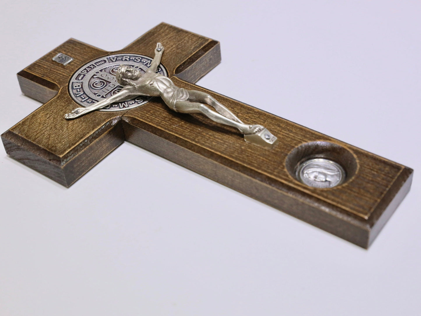 Unique Handcrafted Wooden Crucifix - Ideal Gift for House Moving, New Beginnings - St. Benedict and Virgin Mary Medals