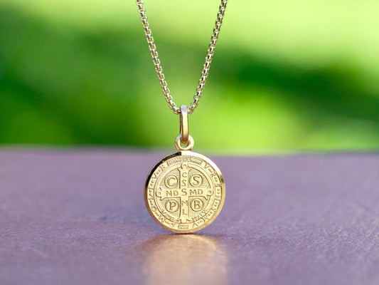 St Benedict Sterling Silver Gold Plated Round Medal Pendant - 15mm - Stunning Satin Texture and Diamond Cut Edge