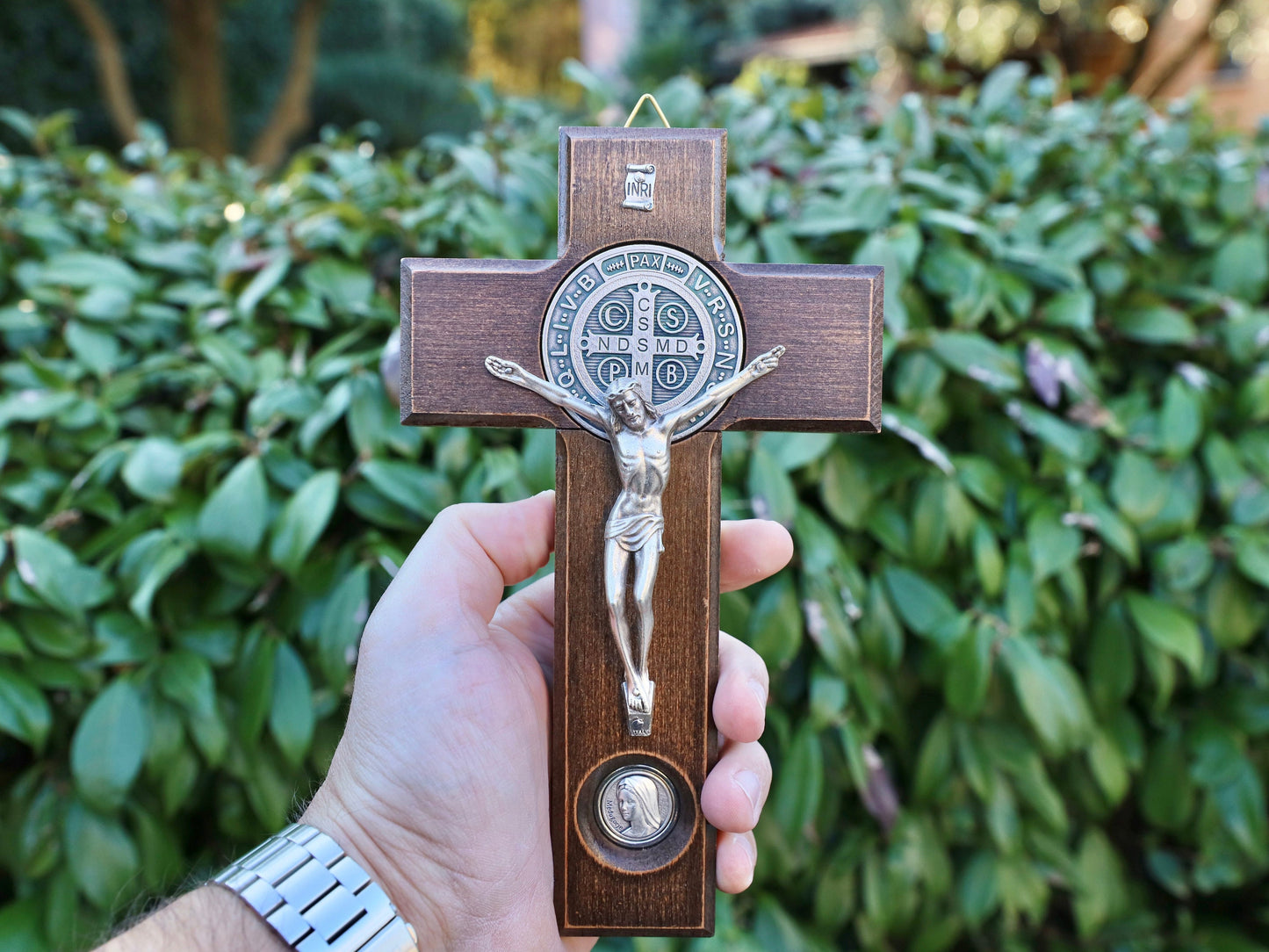 Unique Handcrafted Wooden Crucifix - Ideal Gift for House Moving, New Beginnings - St. Benedict and Virgin Mary Medals