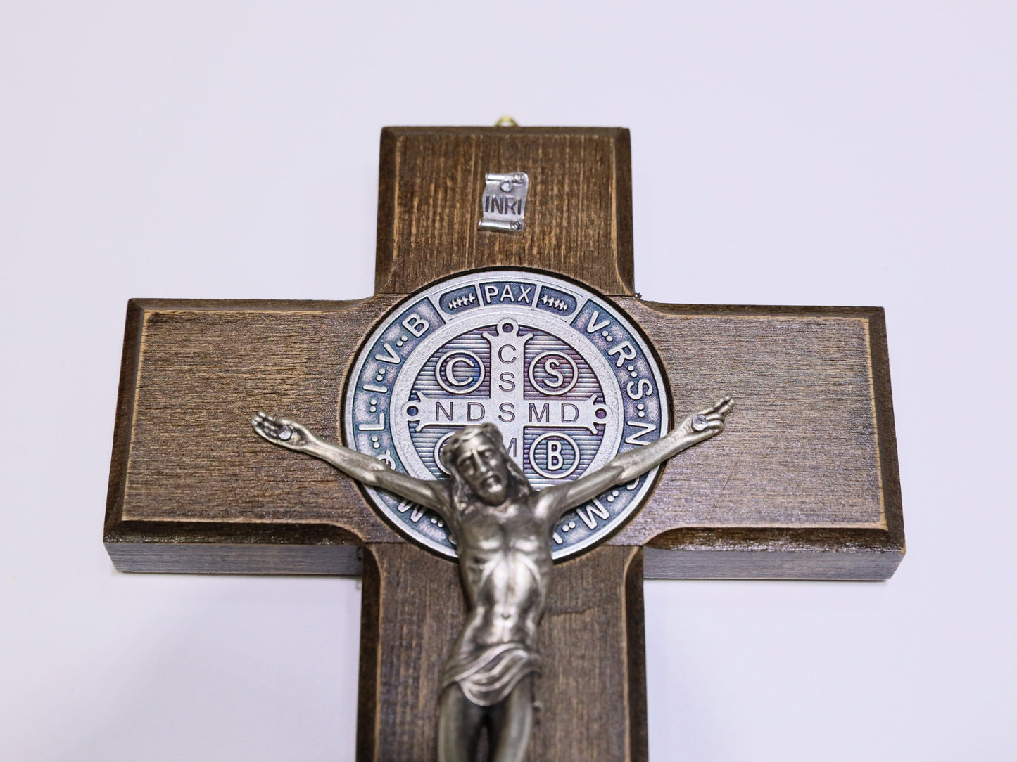 Unique Handcrafted Wooden Crucifix - Ideal Gift for House Moving, New Beginnings - St. Benedict and Virgin Mary Medals