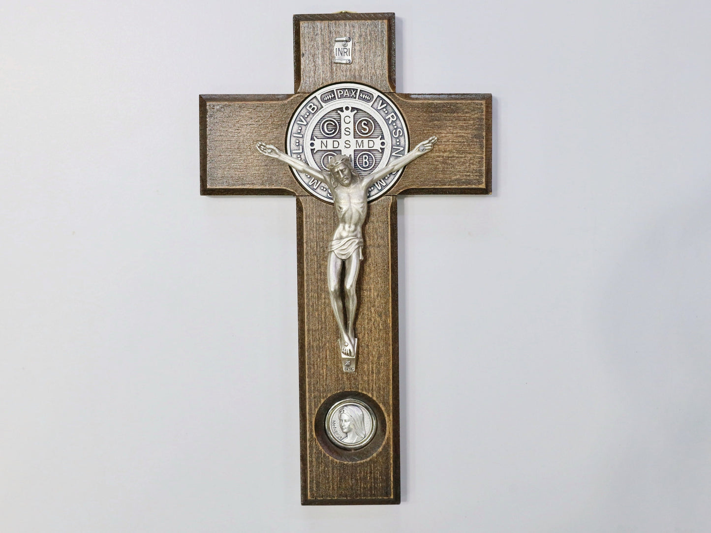 Unique Handcrafted Wooden Crucifix - Ideal Gift for House Moving, New Beginnings - St. Benedict and Virgin Mary Medals