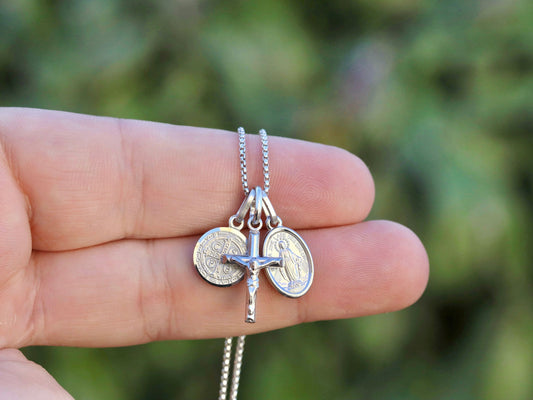 Catholic Women's Necklace with St Benedict, Miraculous Medal, and Crucifix,Stunning Detail,Choose 18 or 20 inch Chain , Dainty and Miniature