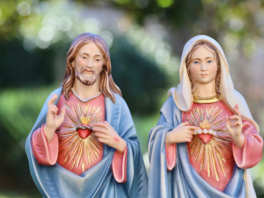 Handmade Statue of Sacred Heart of Jesus and Immaculate Heart of Virgin Mary - 34 cm-13.4 inch, Hand Painted, Made from Soft Linden Wood