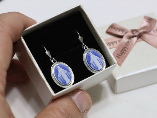 Sterling silver Miraculous Medal leaver back cameo style earrings, Virgin Mary earrings for catholic women,