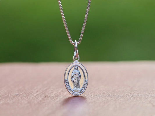 Tinny sterling silver Queen of Peace medal, small Medjugorje pendant, Virgin Mary charm for catholic women, 15 x 10 mm Charm of Our Lady