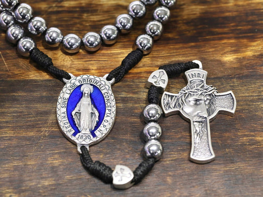 Durable Hematite Stone Rosary on Paracord Rope - Large Most Holy Face of Jesus - Blue Miraculous Medal - Faith and Protection