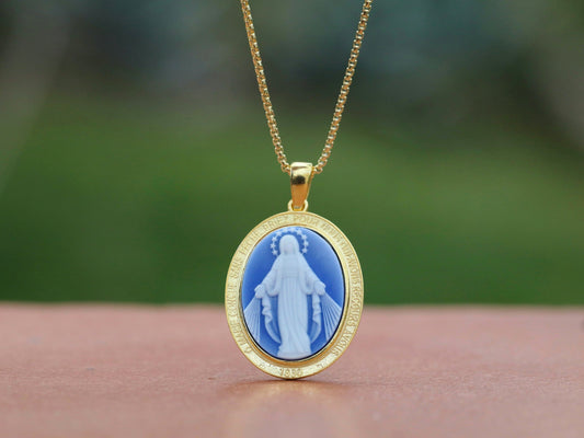 Medium Size Miraculous Medal Cameo Pendant, sterling silver 925  18K gold plated Virgin Mary pendant, Our Lady pendant for catholic woman