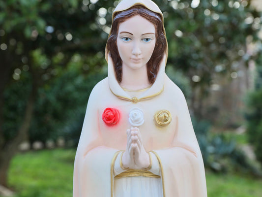 Estatua de la Virgen María de la Rosa Mística - Polvo de mármol y resina - Caja fuerte al aire libre - 66 cm / 26 pulgadas, estatua de la Virgen María fundida y pintada a mano