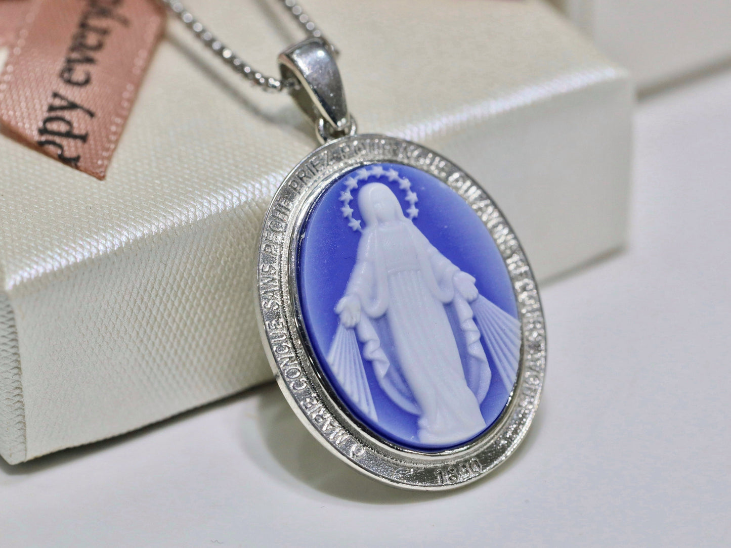 Medium size cameo style Miraculous Medal, sterling silver 925 blue cameo medal, 28 x 20 rhodium plated Miraculous Medal for catholic women