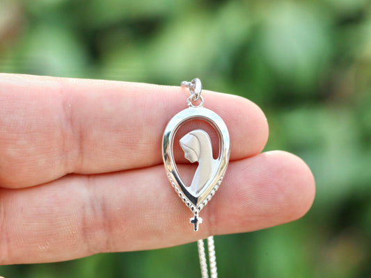 French Art Nouveau Style Virgin Mary Medal | Rhodium Plated Satin Finish | Sterling Silver 925 Pendant or Necklace | Catholic Women's Gift