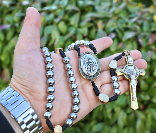 Stunning Large Hematite Stone Catholic Rosary - Perfect for Men or Women, 10 mm stone rosary with St Benedict crucifix and Scapular medal