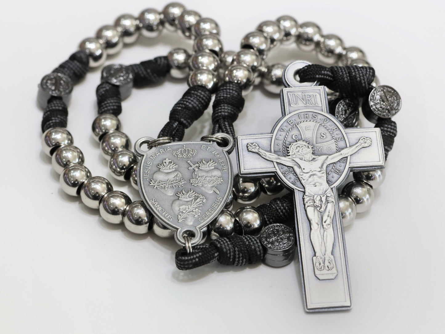 Men's Stainless Steel Paracord Rosary - St. Benedict, St. Joseph & Sacred Hearts (Highly Detailed)