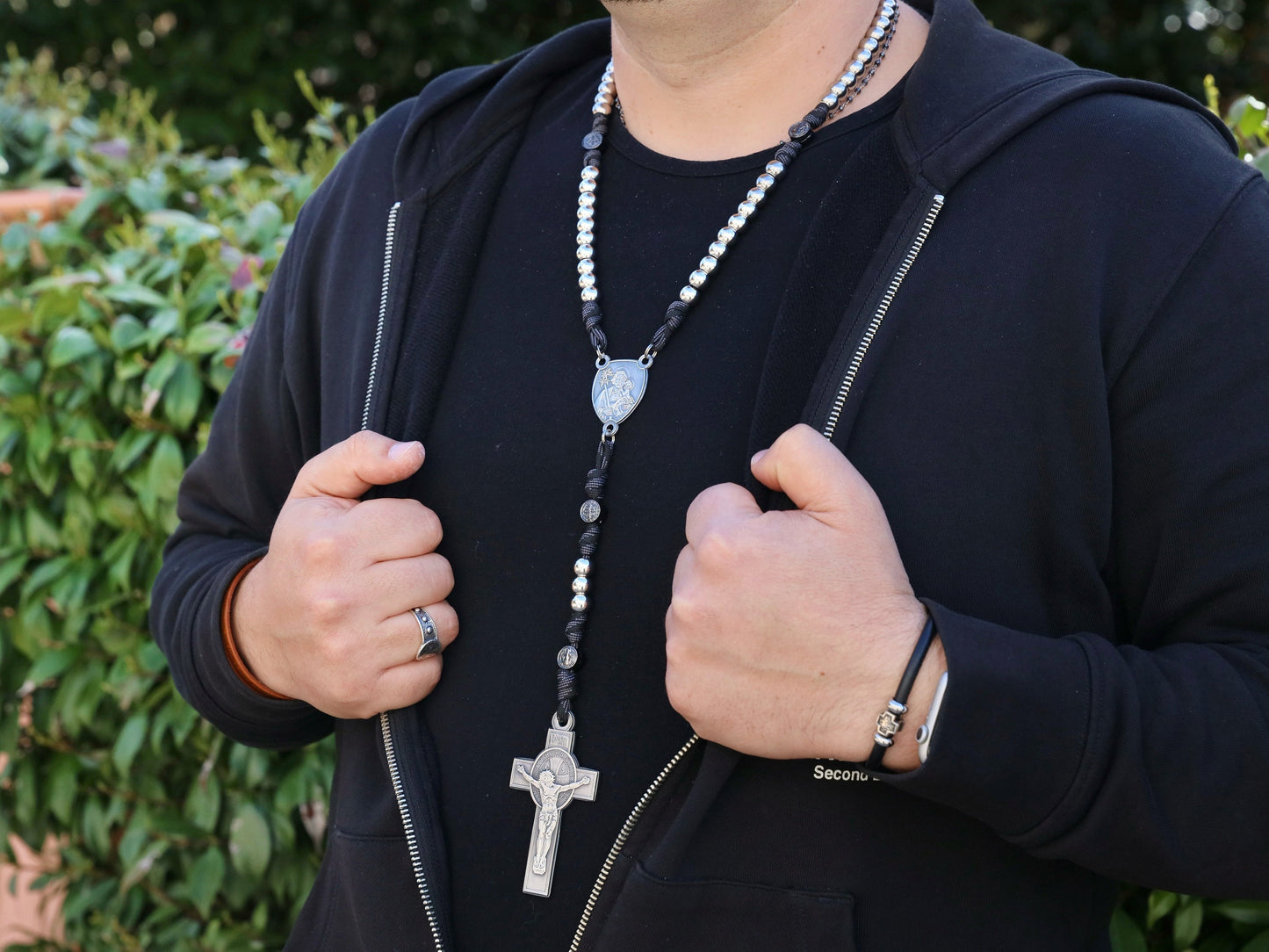 Men's Stainless Steel Paracord Rosary - St. Benedict, St. Joseph & Sacred Hearts (Highly Detailed)