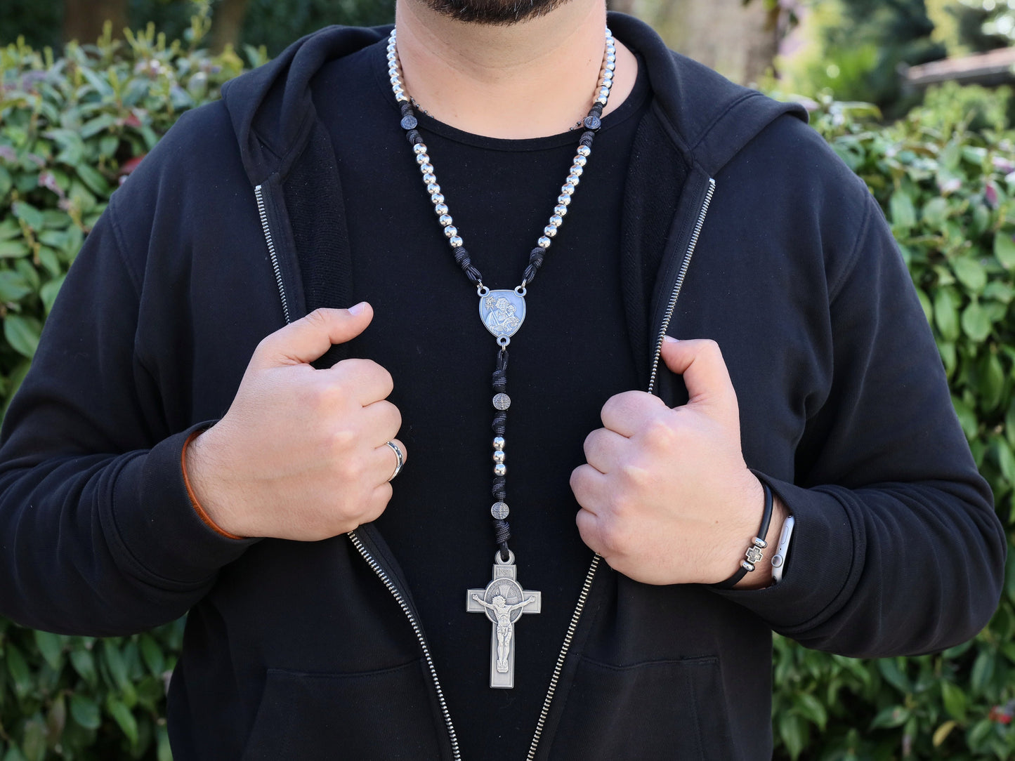 Men's Stainless Steel Paracord Rosary - St. Benedict, St. Joseph & Sacred Hearts (Highly Detailed)