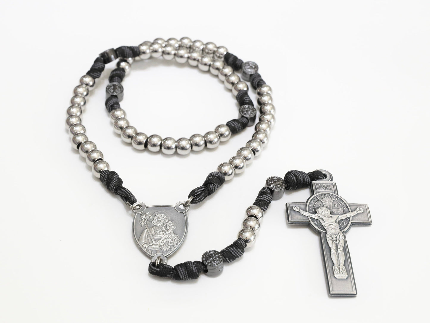 Men's Stainless Steel Paracord Rosary - St. Benedict, St. Joseph & Sacred Hearts (Highly Detailed)