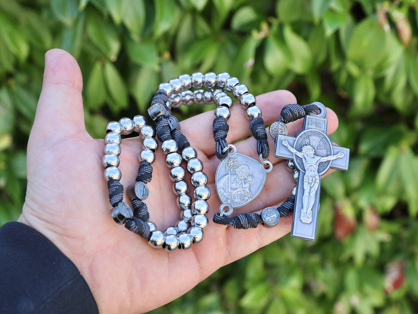 Men's Stainless Steel Paracord Rosary - St. Benedict, St. Joseph & Sacred Hearts (Highly Detailed)