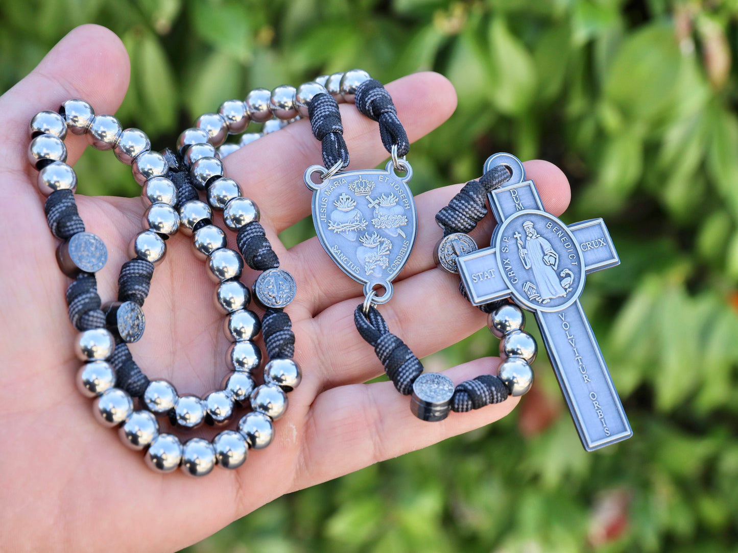 Men's Stainless Steel Paracord Rosary - St. Benedict, St. Joseph & Sacred Hearts (Highly Detailed)