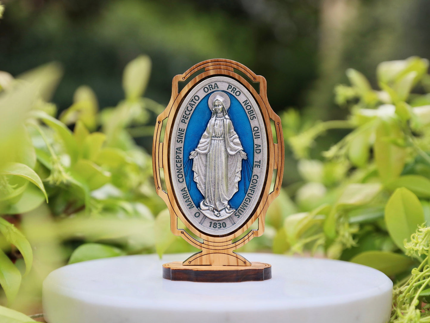 Italian-Made Miraculous Medal Tabletop Stand - Silver Plated Alloy & Olive Wood, small Miraculous Medal table stand