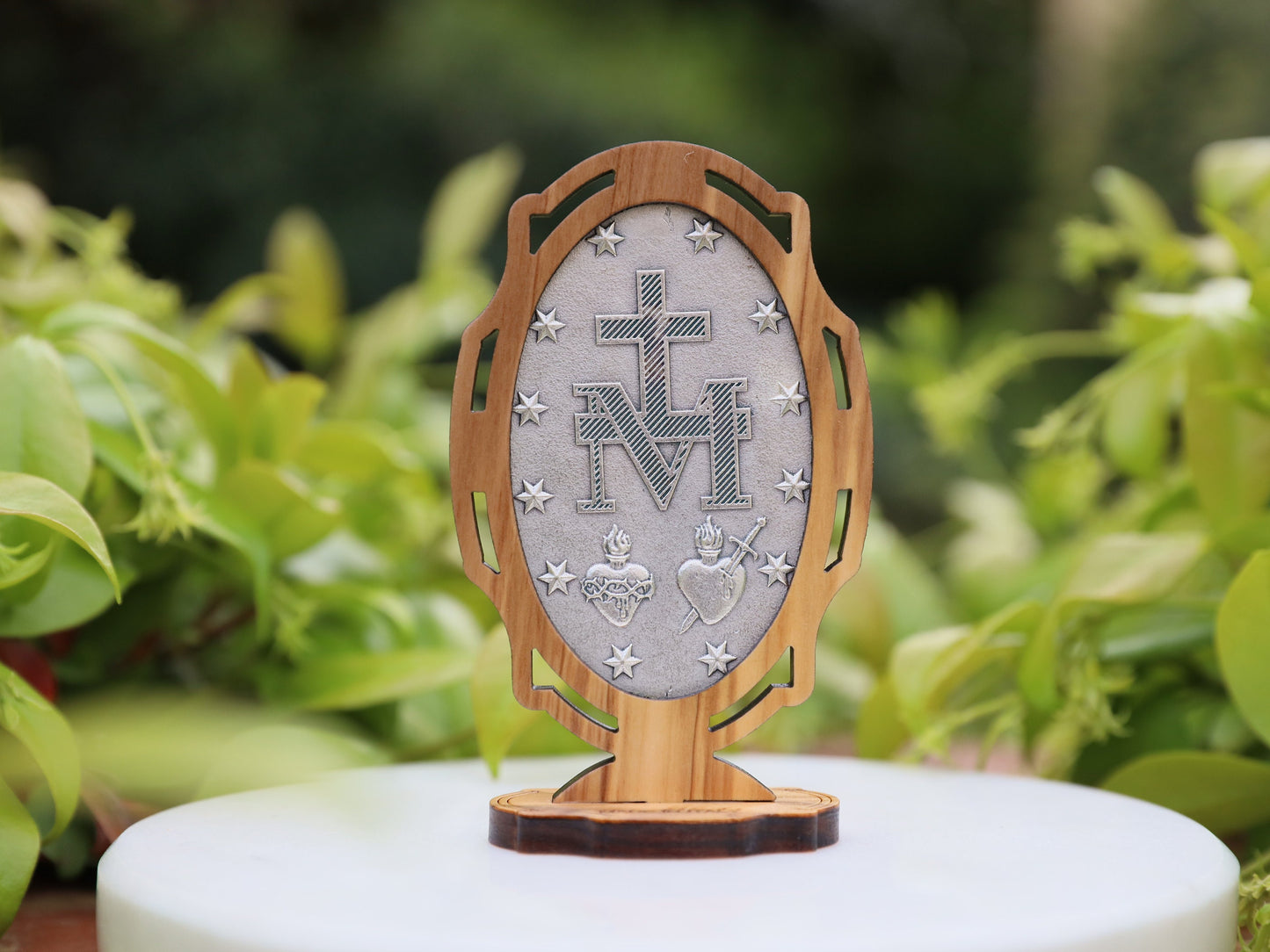 Italian-Made Miraculous Medal Tabletop Stand - Silver Plated Alloy & Olive Wood, small Miraculous Medal table stand