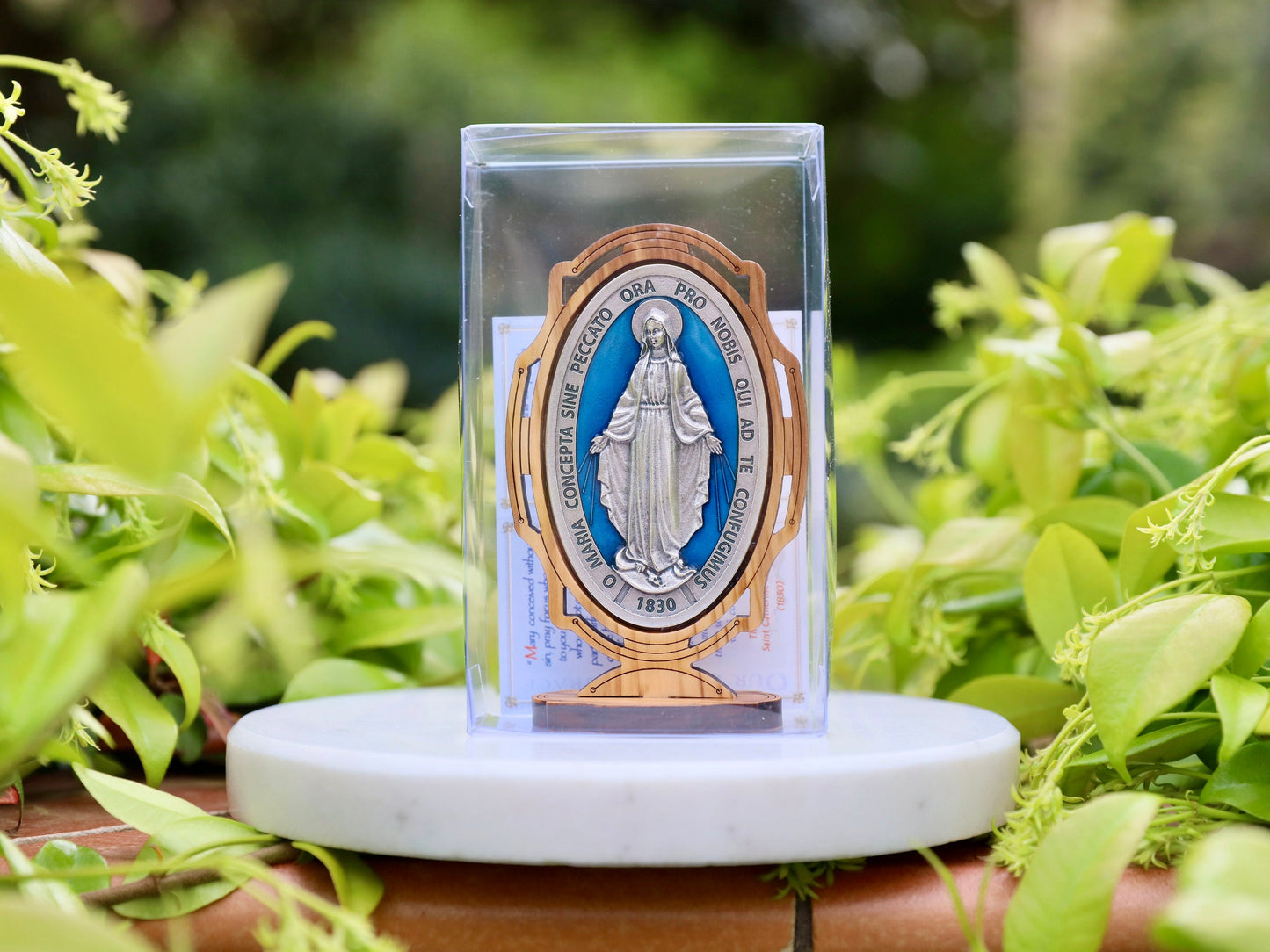 Italian-Made Miraculous Medal Tabletop Stand - Silver Plated Alloy & Olive Wood, small Miraculous Medal table stand