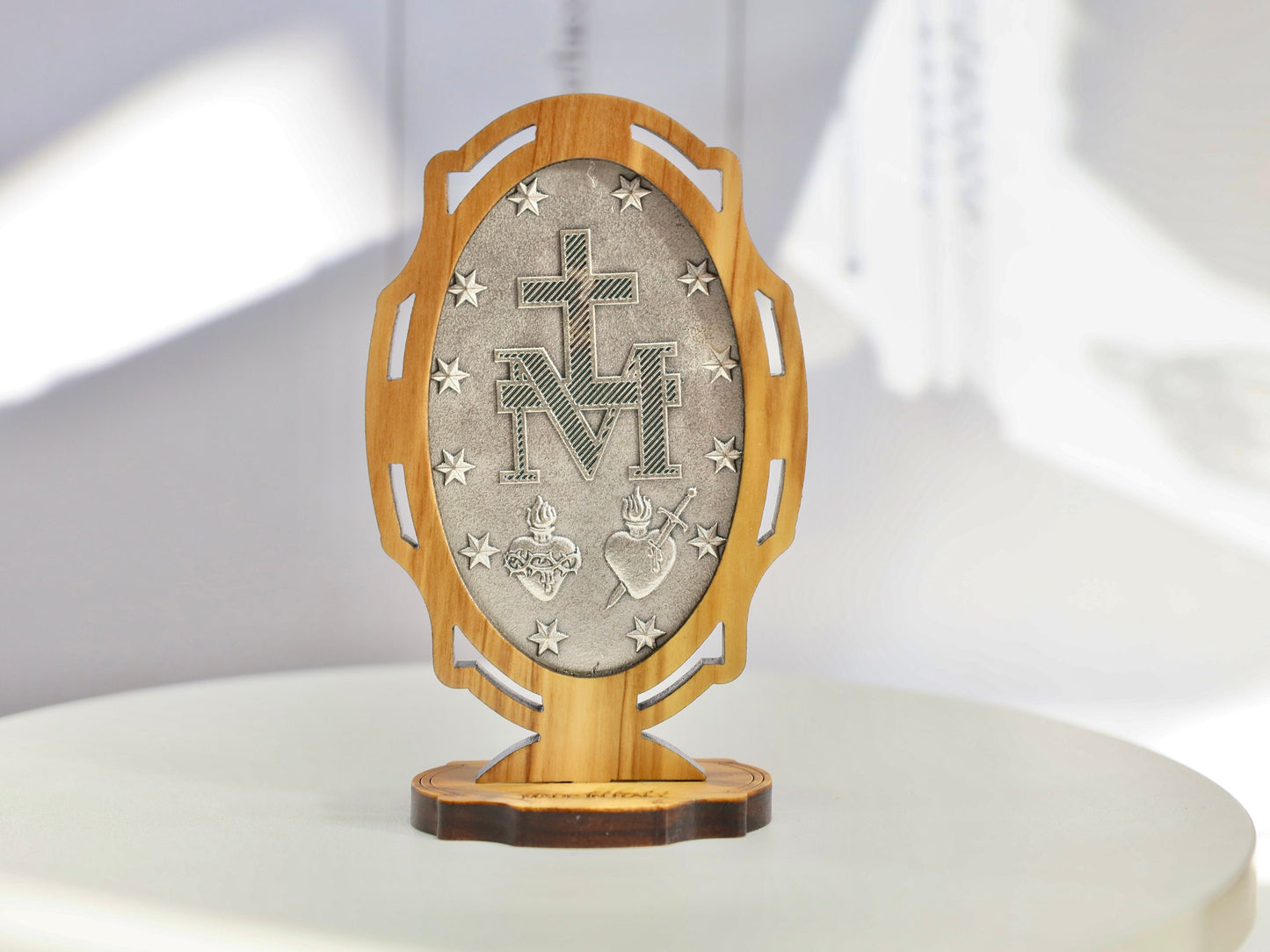 Italian-Made Miraculous Medal Tabletop Stand - Silver Plated Alloy & Olive Wood, small Miraculous Medal table stand