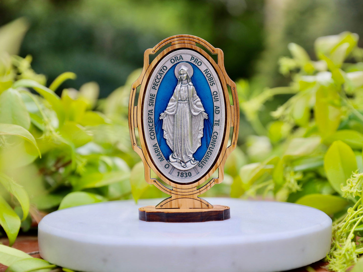 Italian-Made Miraculous Medal Tabletop Stand - Silver Plated Alloy & Olive Wood, small Miraculous Medal table stand