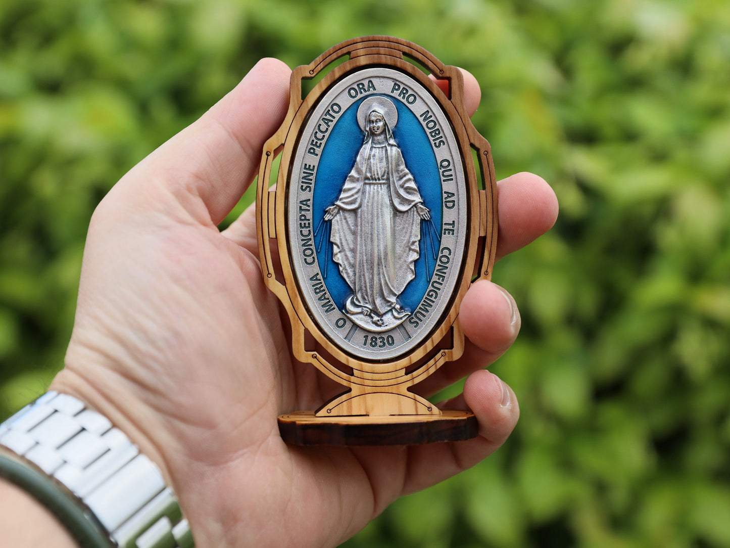 Italian-Made Miraculous Medal Tabletop Stand - Silver Plated Alloy & Olive Wood, small Miraculous Medal table stand